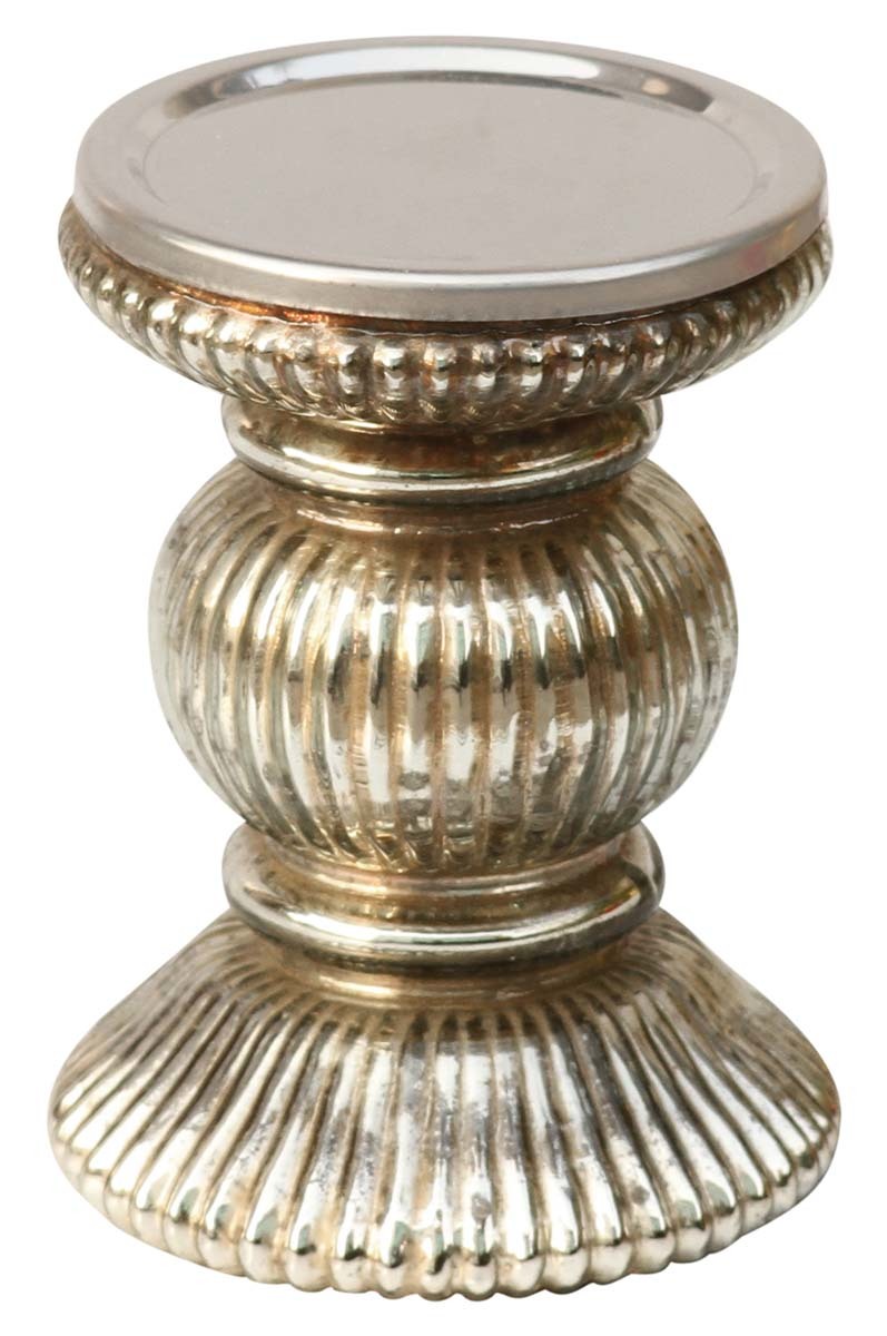 Pillar Candle Stand - Glass Material, 4 Inches Size, Silver Color | Elegant Ribbed Design, Classic And Modern Style, Decorative For Indoor Use