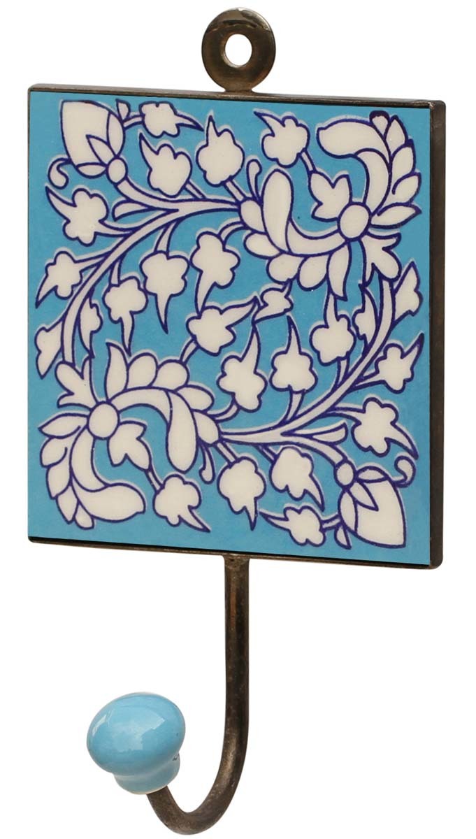 Ceramic Wall Hook - Medium Blue Floral Pattern, Hand Built, Square Shape, Classical Style