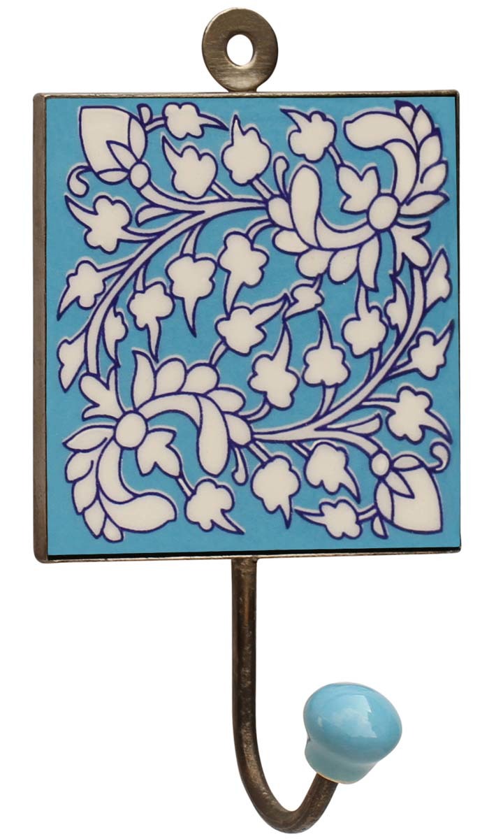 Ceramic Wall Hook - Medium Blue Floral Pattern, Hand Built, Square Shape, Classical Style