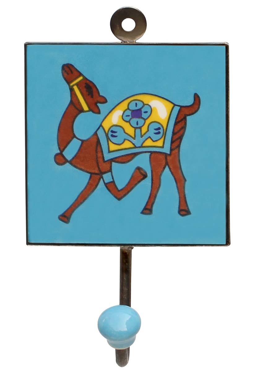 Ceramic Wall Hooks Handmade With Elephant Painting On Yellow Base