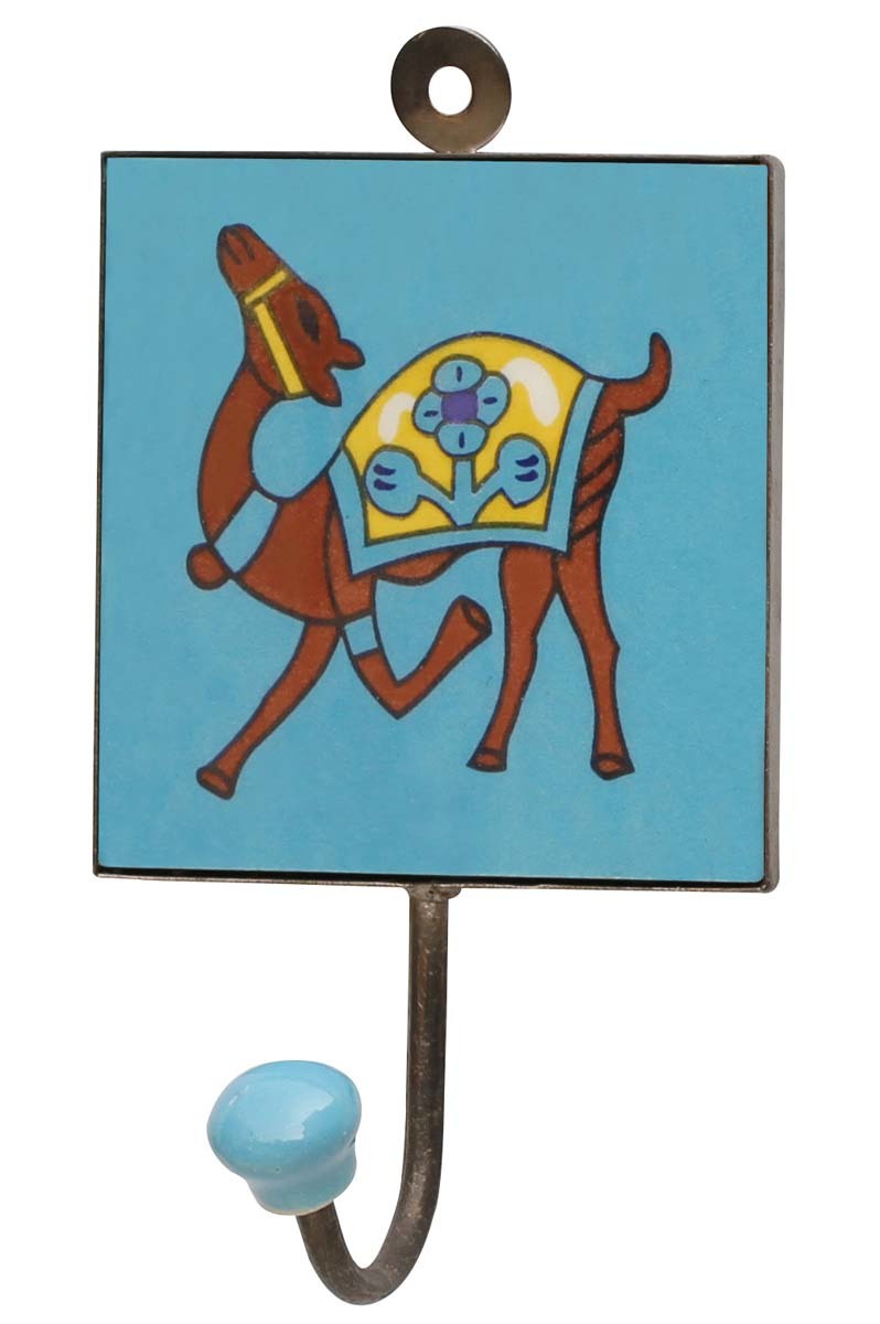 Ceramic Wall Hooks Handmade With Elephant Painting On Yellow Base