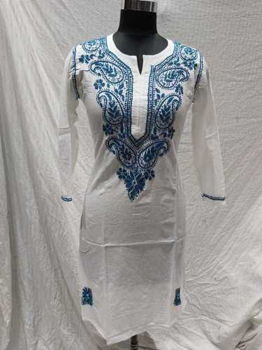 White Ladies Cotton Chikankari Long Kurti