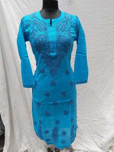 Blue Cotton Lining Chikankari Long Kurti