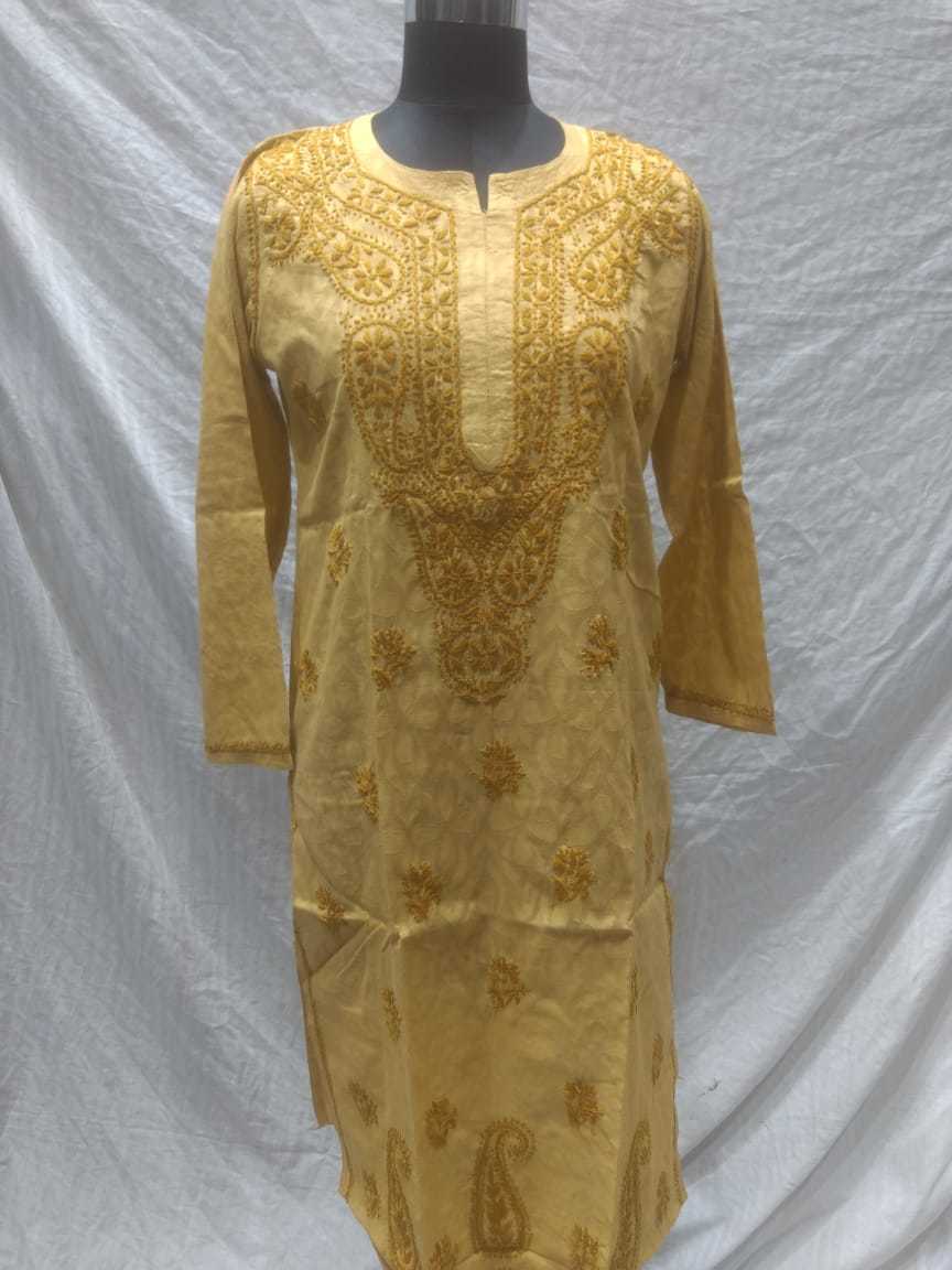 Jaikart Cotton Handmade Long Kurti - Yellow, Plus Size Options Available | Anti Uv, Anti Wrinkle, Breathable, Custom Embroidery, Full Sleeves, Summer Wear