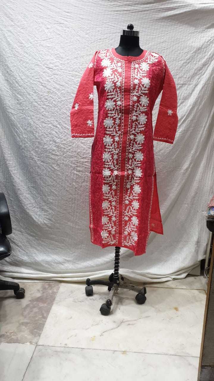 Yellow And Red Cotton Jaal Lucknowi Long Kurti