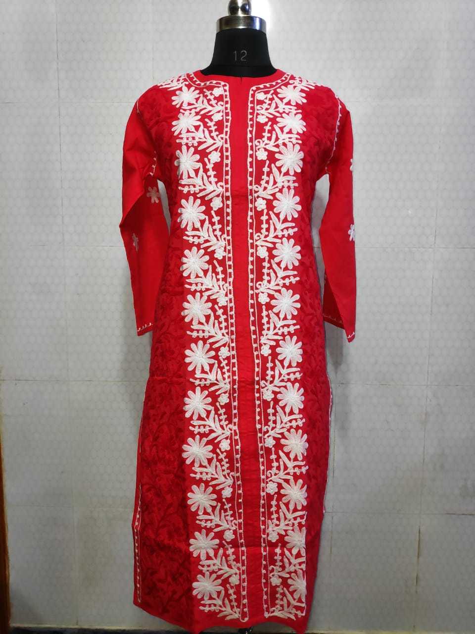 Yellow And Red Cotton Jaal Lucknowi Long Kurti