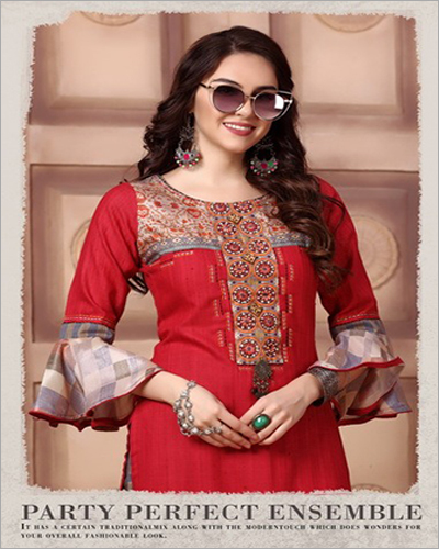 Ladies Party Wear Kurti With Pant Set - Silk Material, Available In Multiple Sizes (S, M, L, Xl), Elegant Red Color, Trendy 3/4th Bell Sleeves, Printed Ankle Length Pant