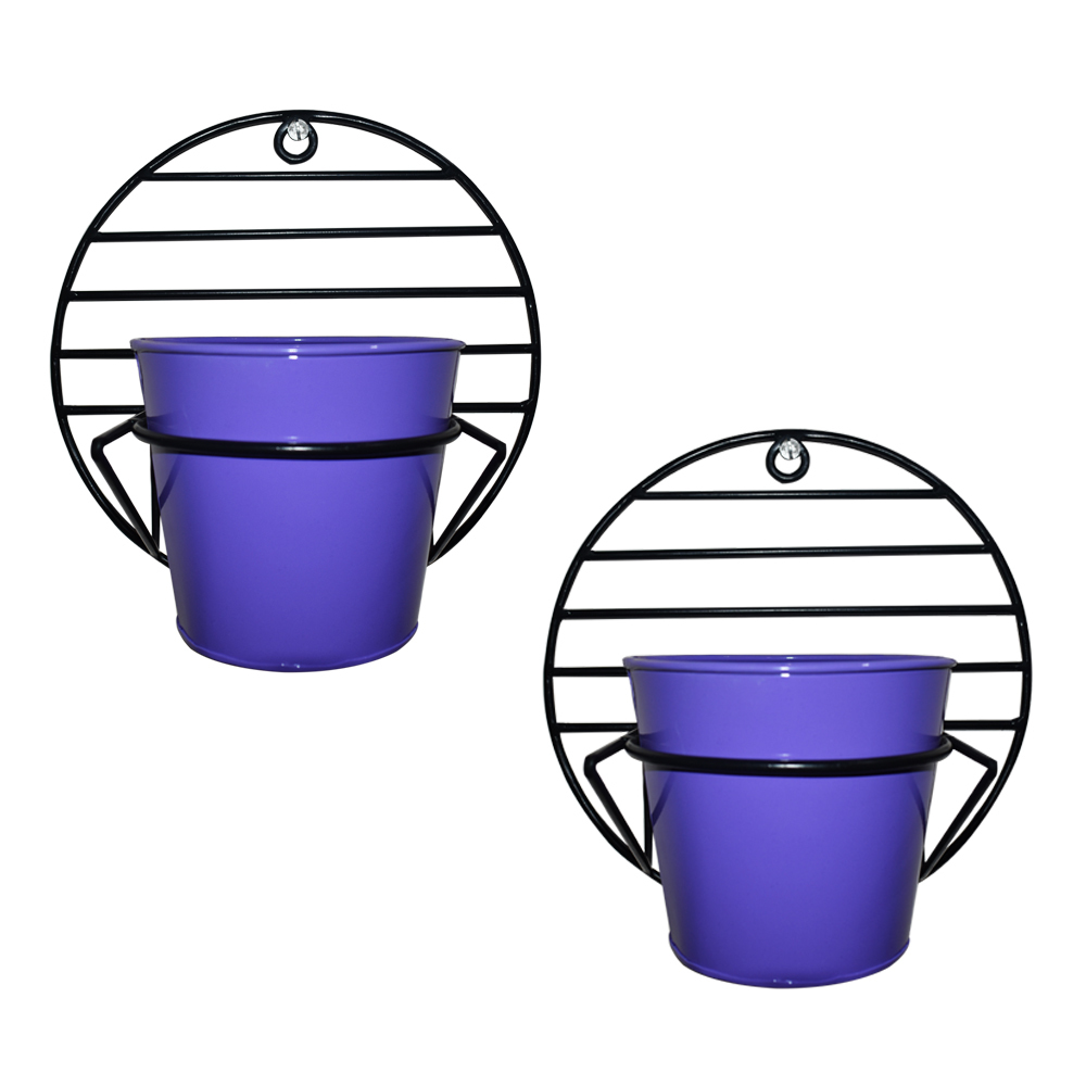 Ascent Homes Wall Mount Metal Planter - Galvanized Metal, Stand 5.6"x10.1"x10.1", Purple Planter 4.1"x5.5"x5", Black Finish, Powder Coated Design