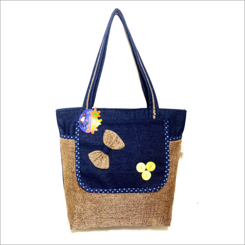 Ladies Bag - Denim Blue, 15 Inch Height | Double Handle, Washable Single Compartment With Synthetic Jute Work, Double Pocket