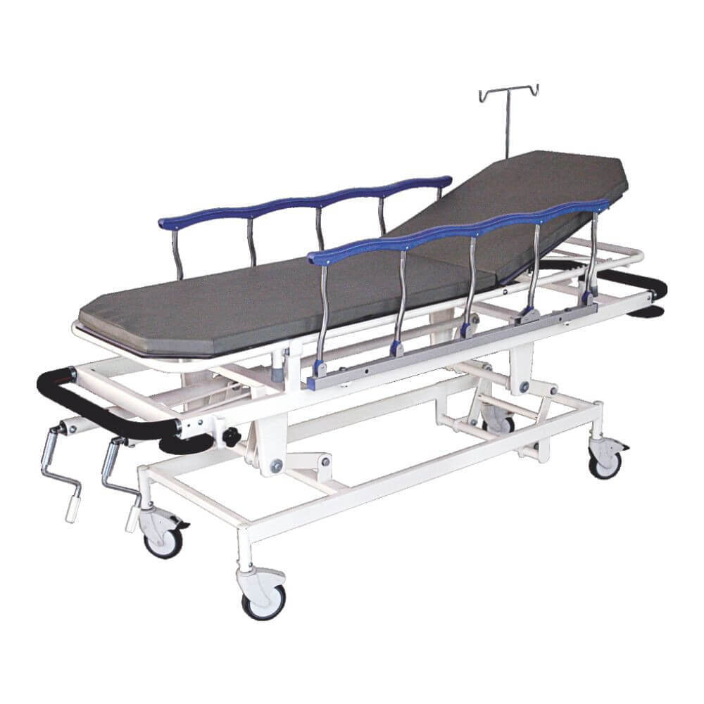 Emergency Recovery Trolley - Strong Ms Powder Coated Structure, 210l X 65w X 65/95h Cm, Height Adjustable With Foot Operated Hydraulic Pump - Includes Gas Spring For Trend/rev. Trend Position, X-ray Permeable Top, Safety Railing, And 12 Cm Castors With Brakes