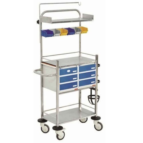 Stainless Steel Crash Cart Trolley - 940l X 500w X 1535h Mm, Six Colour Removable Bins, Two Polystyrene Storage Units With Six Drawers, Cylinder Holder & Ss Iv Rod, Two Ss Shelves And Push Handle, 4 X 12 Cm Castors With Two Brakes