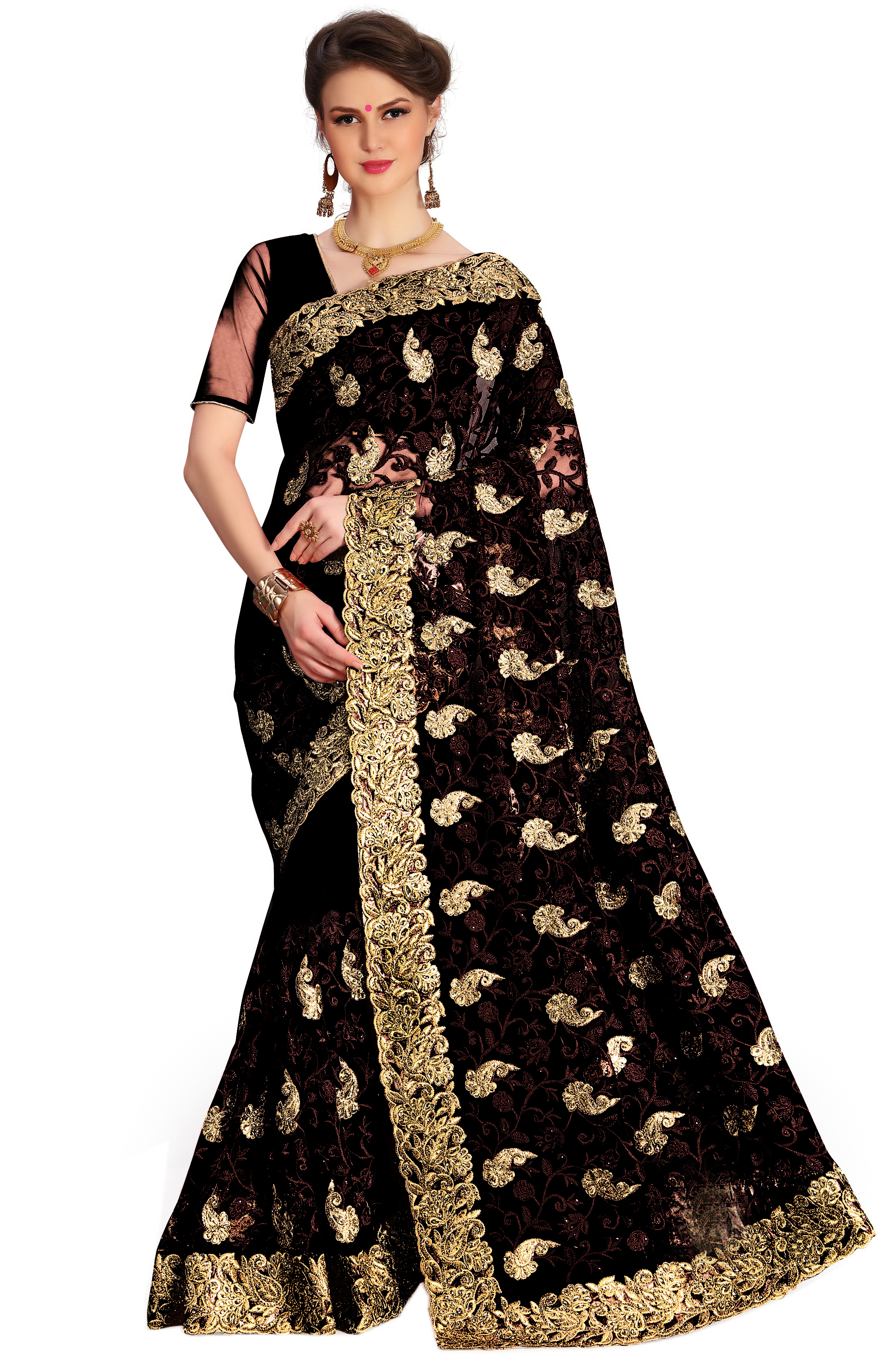 Multicolor Peacock Design Embroidered Bordered Net Saree