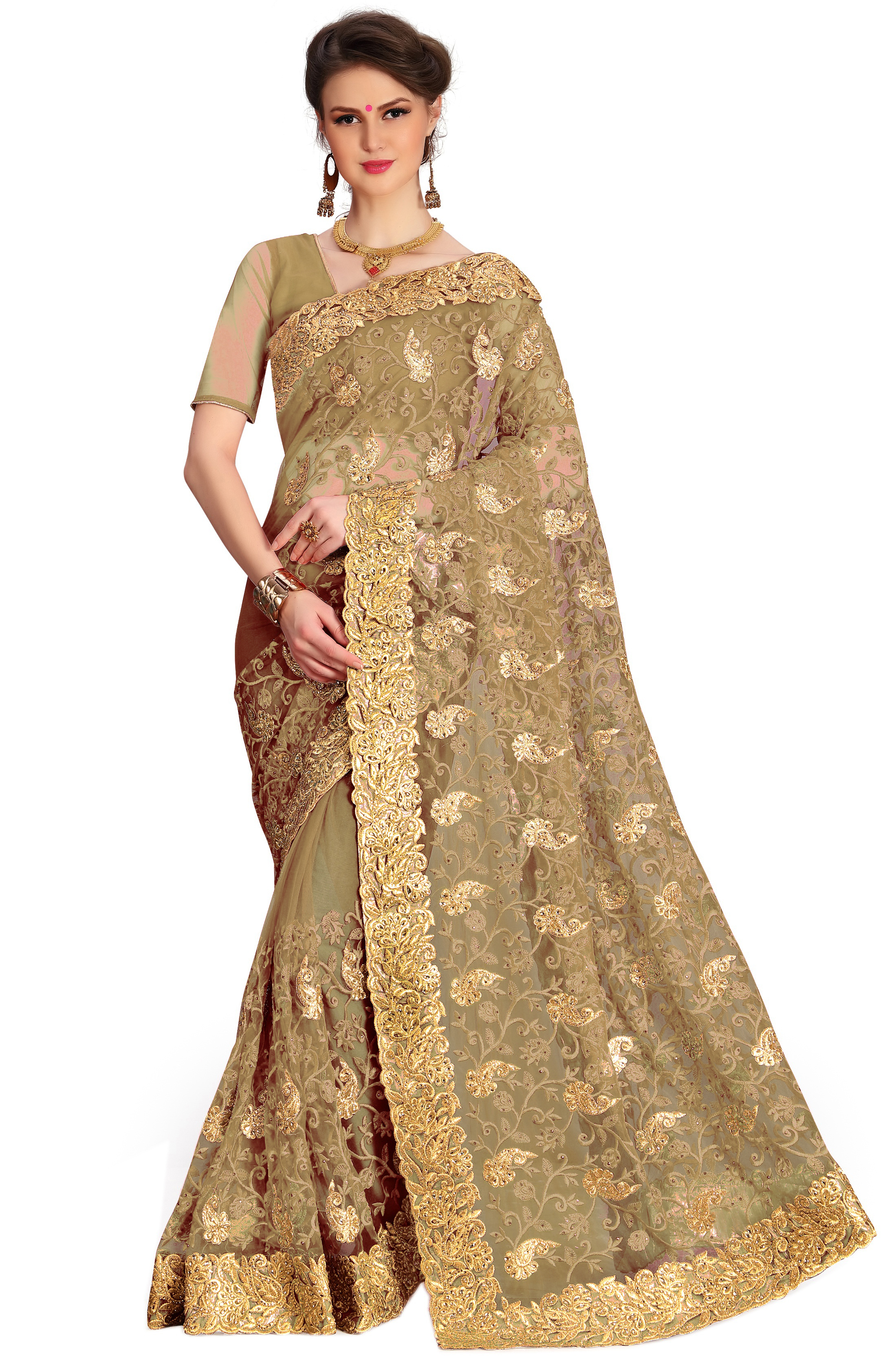 Multicolor Peacock Design Embroidered Bordered Net Saree