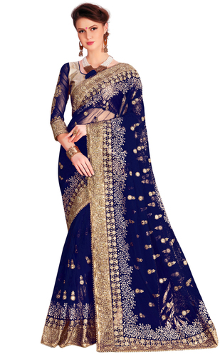 ब्लू हैवी एम्ब्रॉएडर्ड नेट साड़ी कलेक्शन