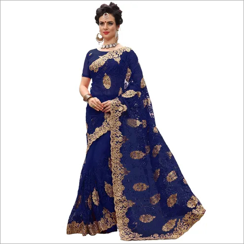 Heavy Embroidered Net Saree - 5.5 Mtr Length, Unstitched Blouse 0.80 Mtr | Blue Color, Festive Wear, Bollywood Style, Stone Work