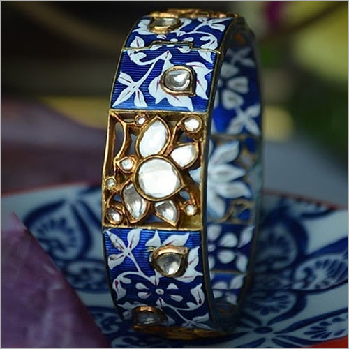 Ladies Pure Gold Bangles - Yellow Gold, Customizable Weight, Blue & White Color Pattern | Modern Style, Skin-friendly, Perfect For Engagement & Anniversary Gifts