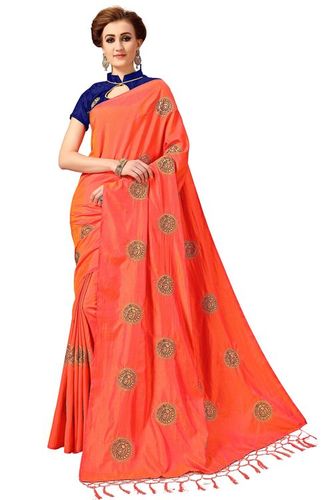 Silk Embroidery Saree - 5.50 Mtr Length, Orange Dupion Blouse with Heavy Embroidery | Festive Wear, Resham Embroidery Work, Attractive Tassel Pallu Border