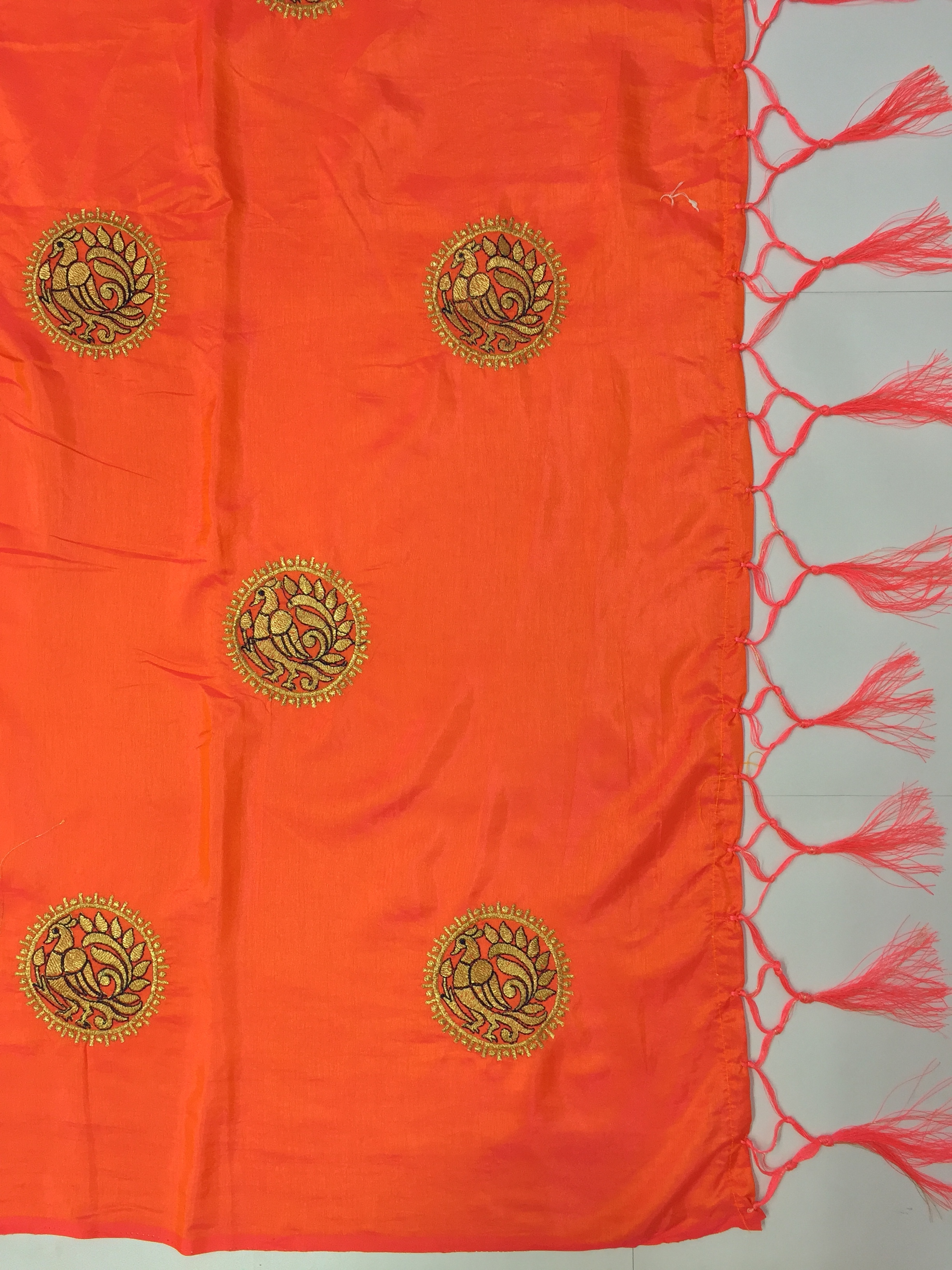 Silk Embroidery Saree - 5.50 Mtr Length, Orange Dupion Blouse With Heavy Embroidery | Festive Wear, Resham Embroidery Work, Attractive Tassel Pallu Border