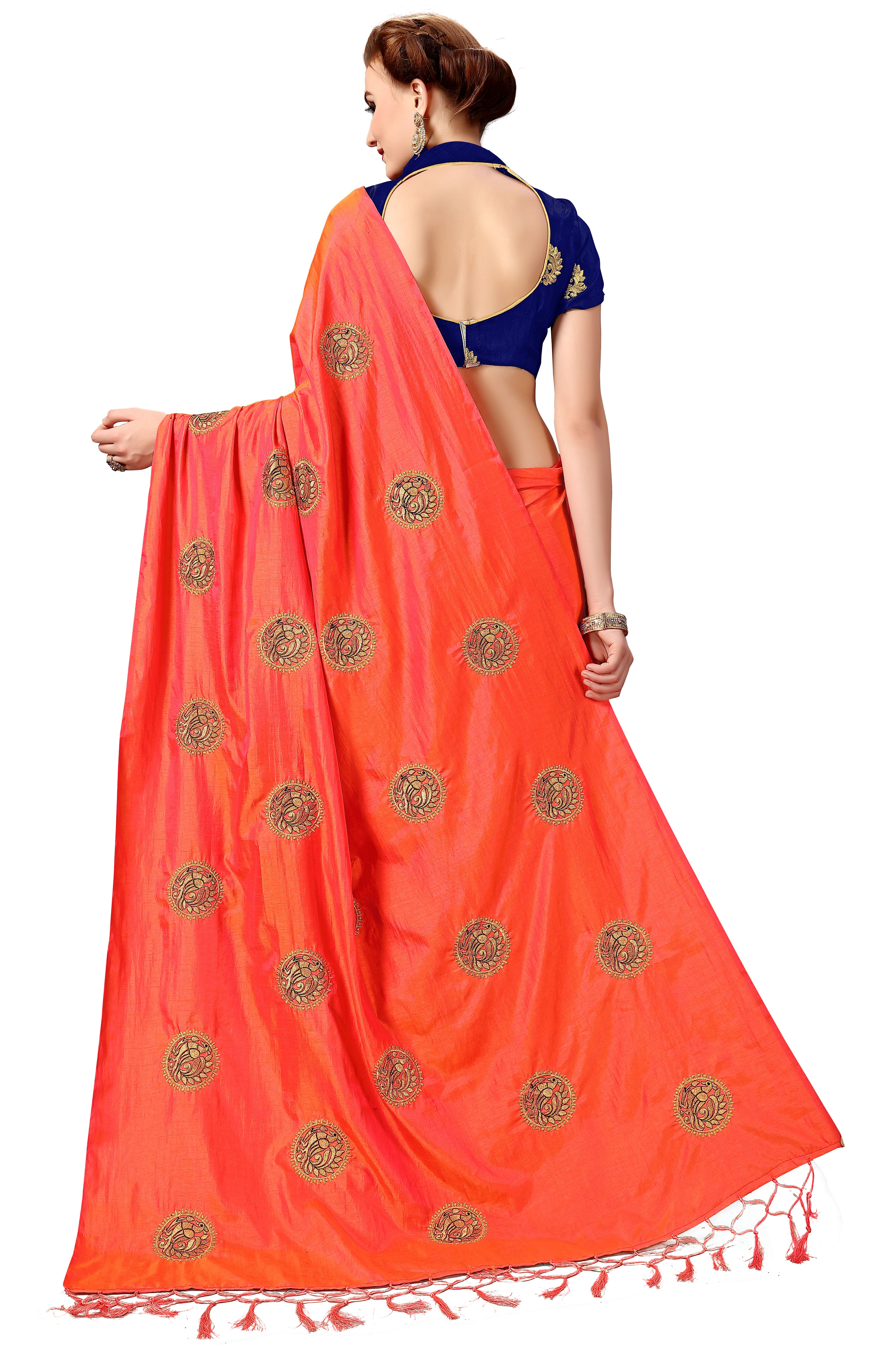 Silk Embroidery Saree - 5.50 Mtr Length, Orange Dupion Blouse With Heavy Embroidery | Festive Wear, Resham Embroidery Work, Attractive Tassel Pallu Border