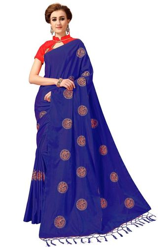 Silk Embroidery Saree - 5.50 Mtr Length, Blue Dupion Blouse With Tassel Pallu | Festive Occasion, Resham Peacock Butta Design, Bollywood Style