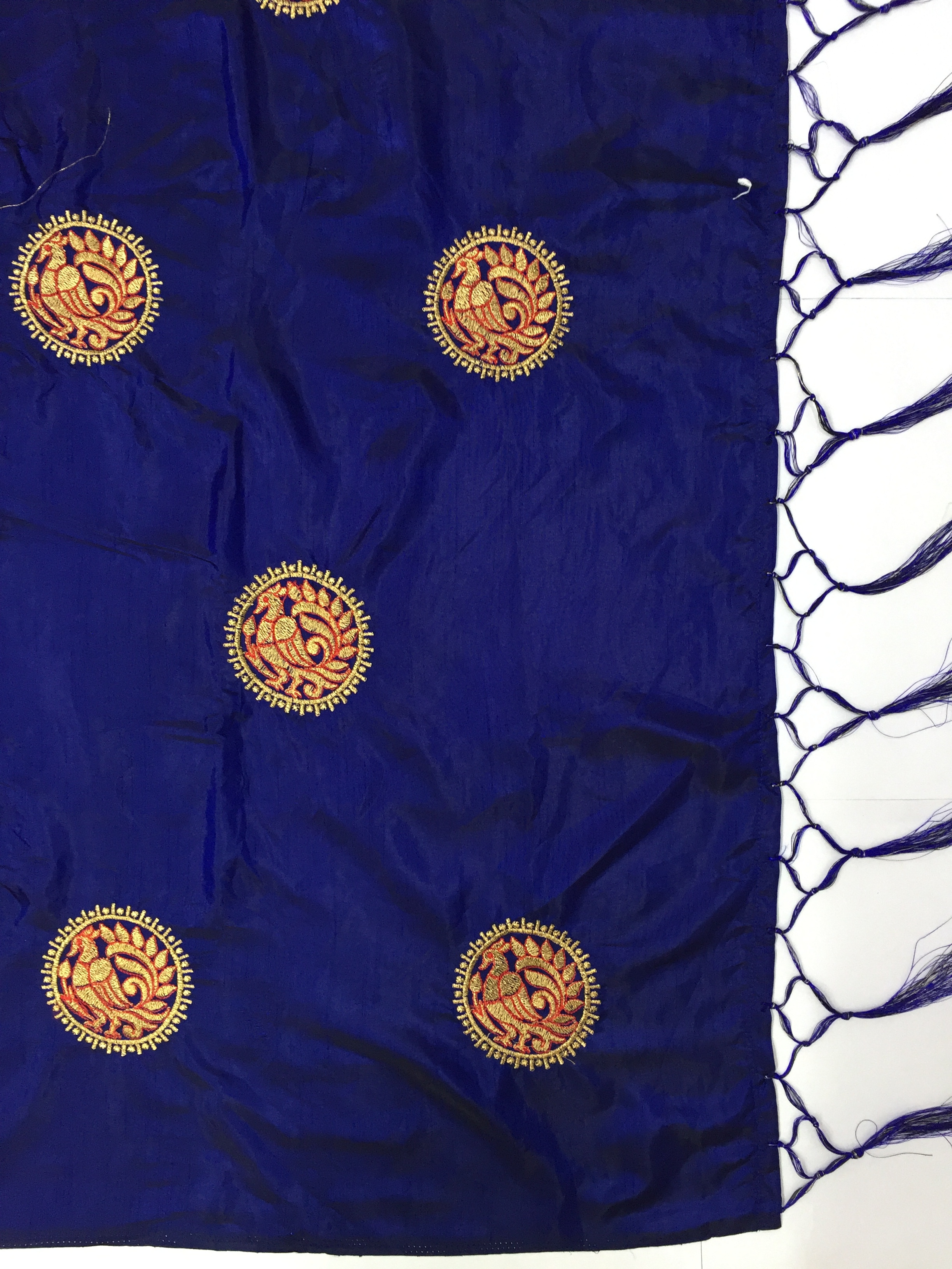 Silk Embroidery Saree - 5.50 Mtr Length, Blue Dupion Blouse With Tassel Pallu | Festive Occasion, Resham Peacock Butta Design, Bollywood Style