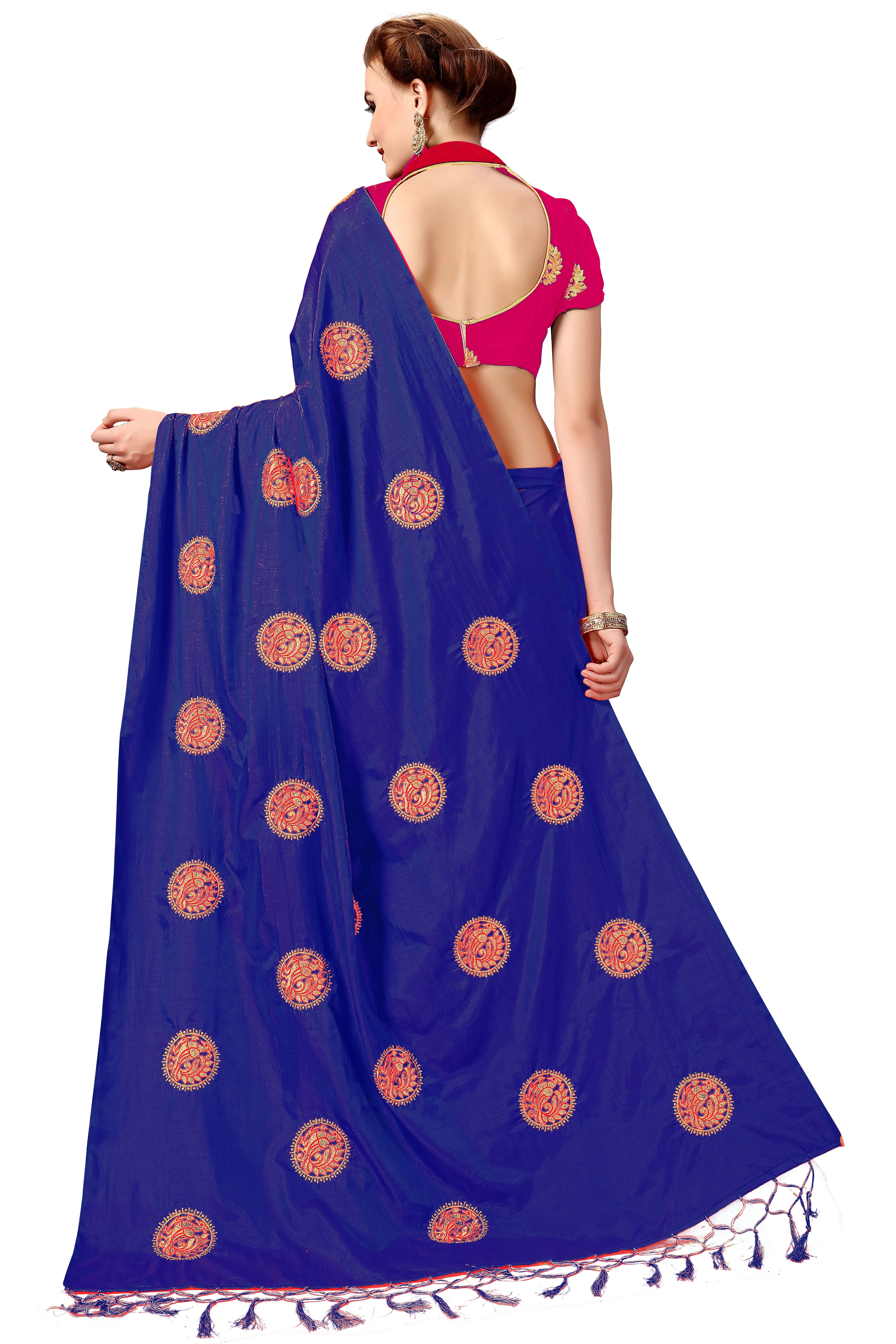 Silk Embroidery Saree - 5.50 Mtr Length, Blue Dupion Blouse With Tassel Pallu | Festive Occasion, Resham Peacock Butta Design, Bollywood Style