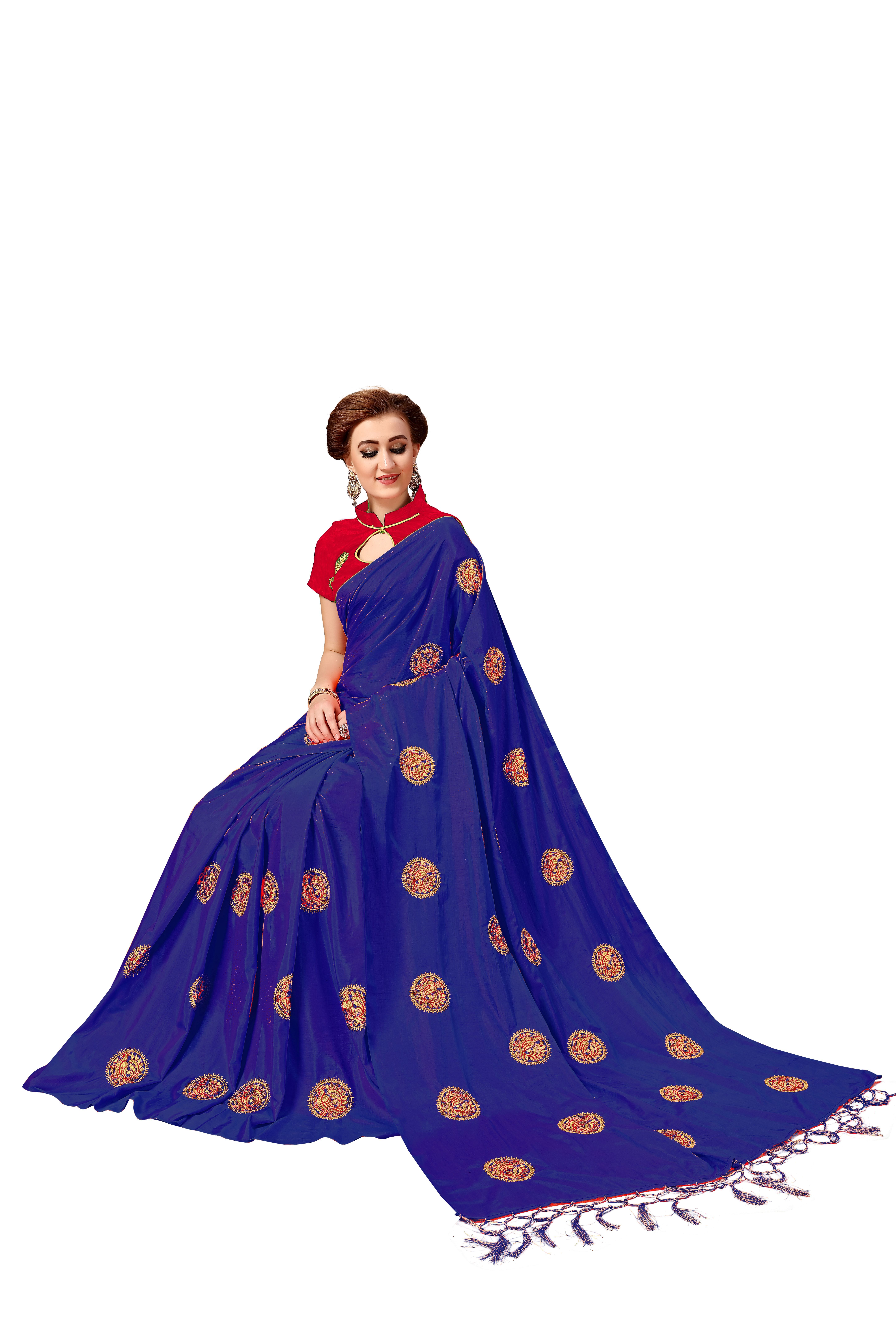 Silk Embroidery Saree - 5.50 Mtr Length, Blue Dupion Blouse With Tassel Pallu | Festive Occasion, Resham Peacock Butta Design, Bollywood Style