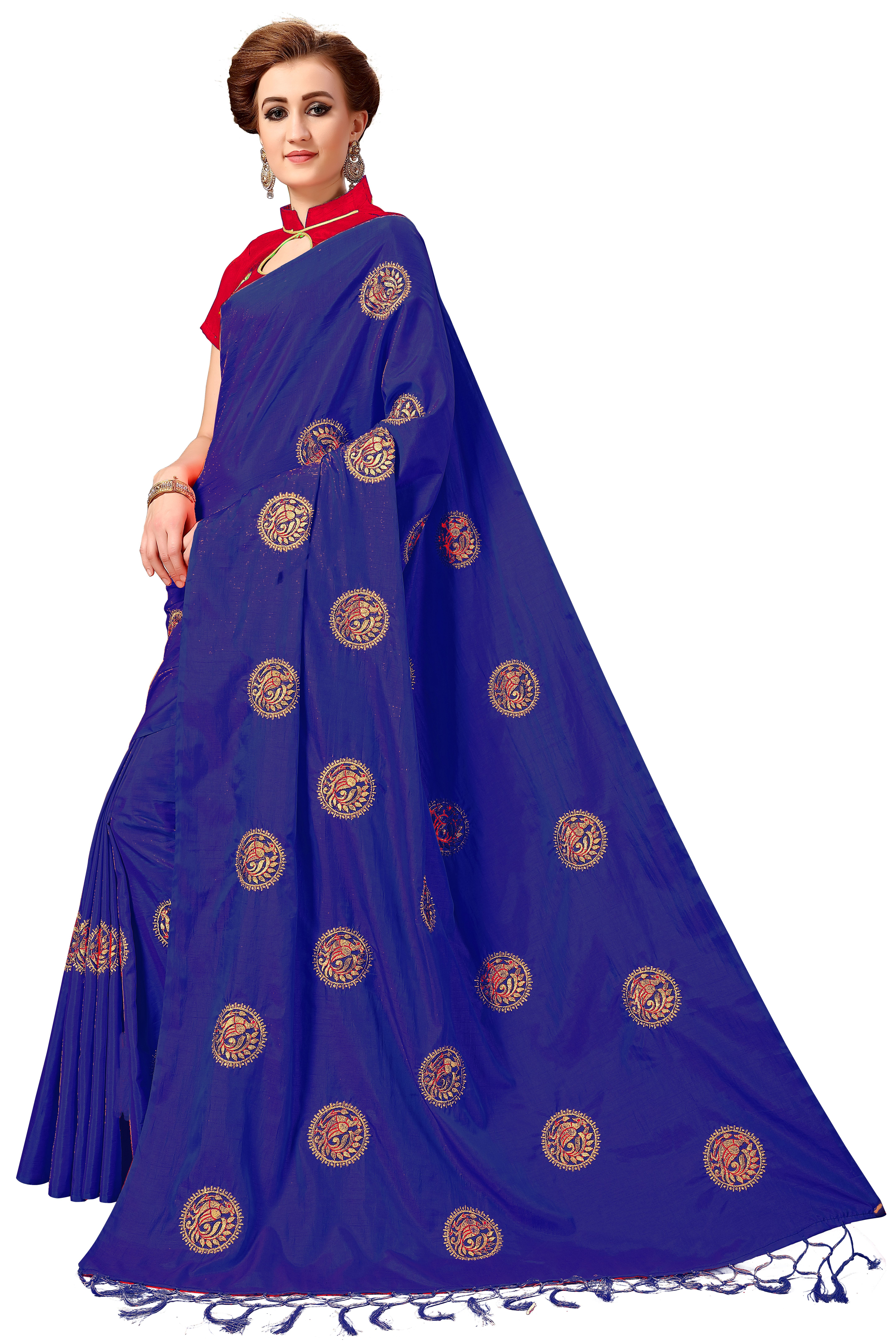 Silk Embroidery Saree - 5.50 Mtr Length, Blue Dupion Blouse With Tassel Pallu | Festive Occasion, Resham Peacock Butta Design, Bollywood Style