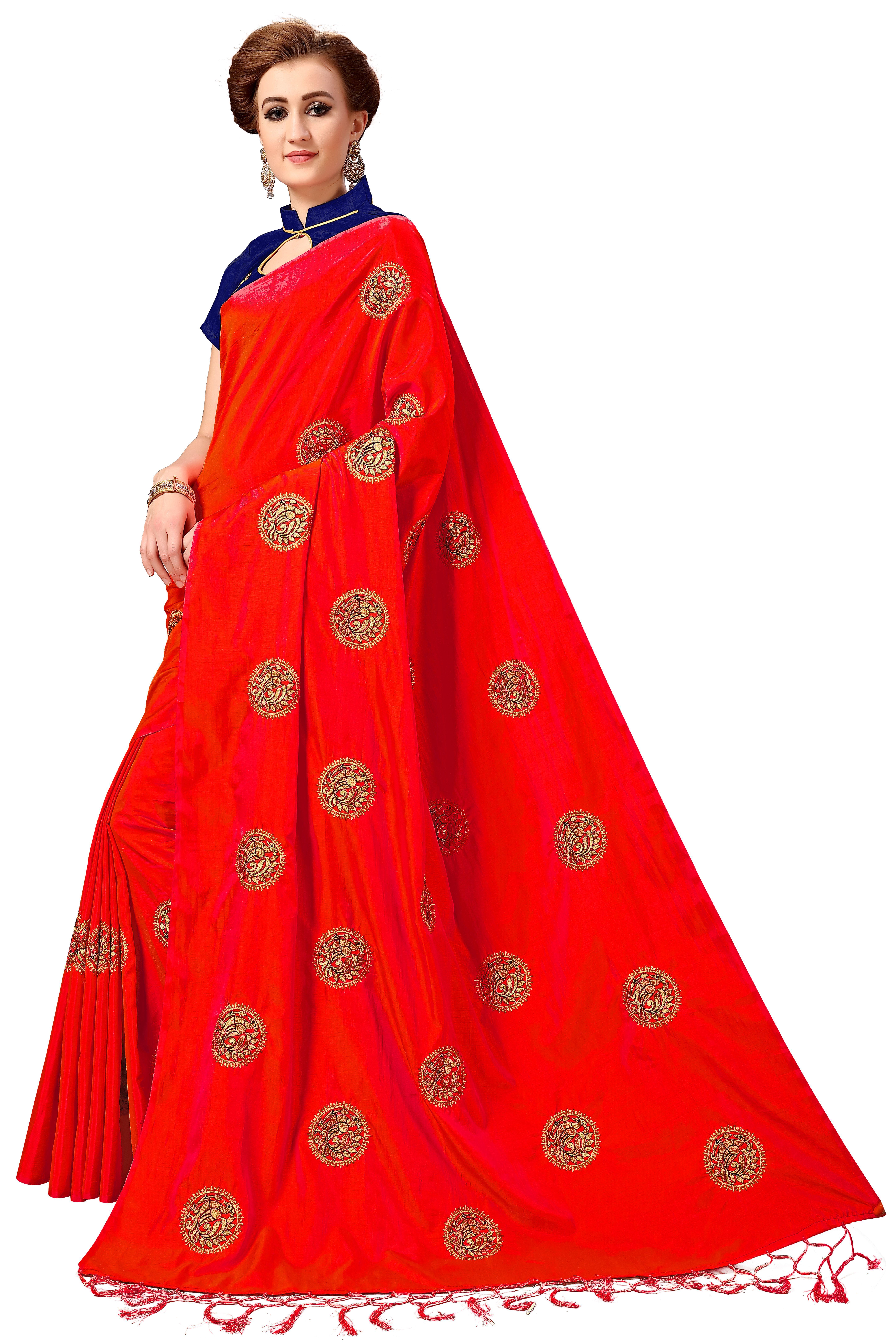 Red Silk Embroidered With Tassel Border Saree Collection