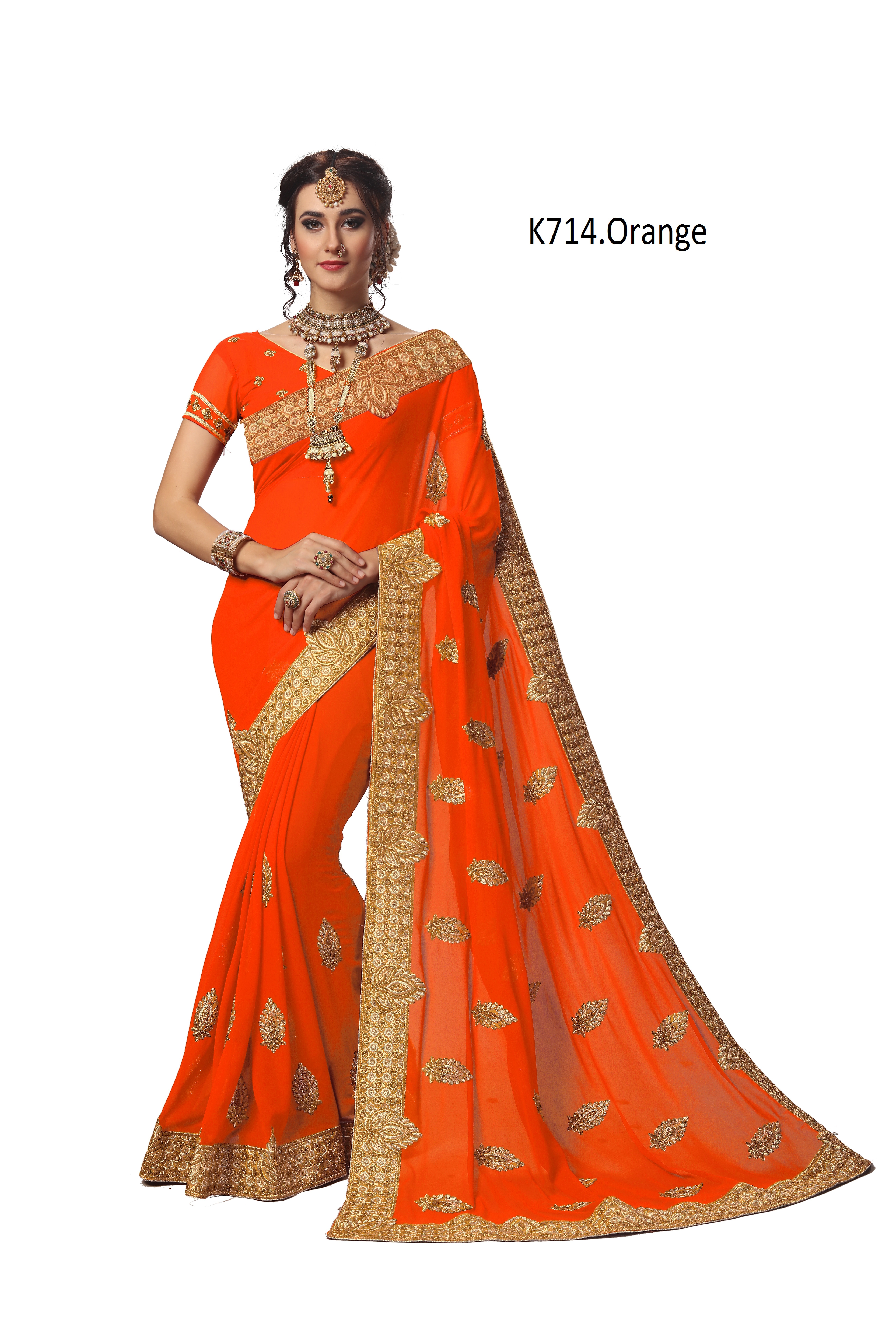 Green Geometric Embroidered Georgette Saree Collection