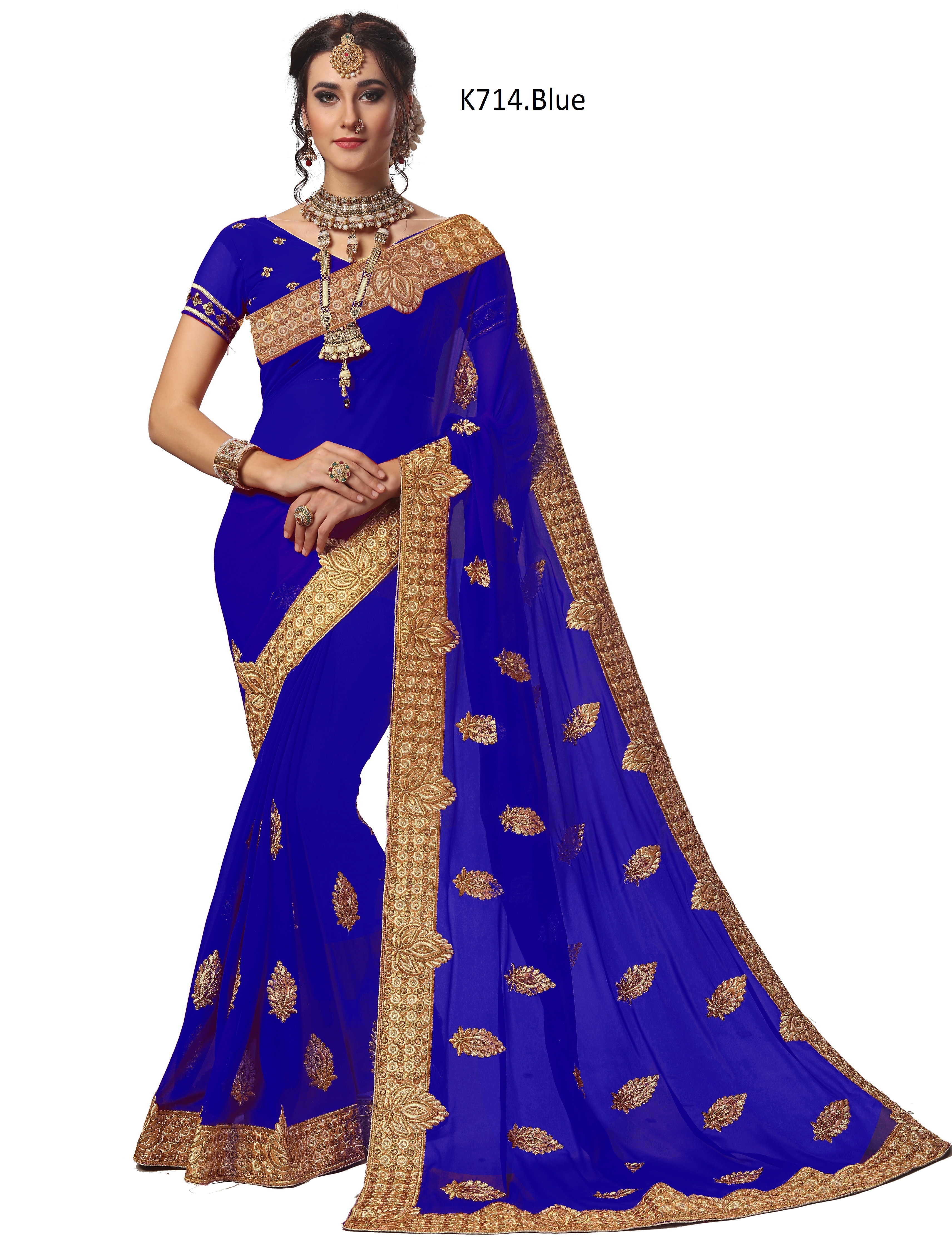 Green Geometric Embroidered Georgette Saree Collection