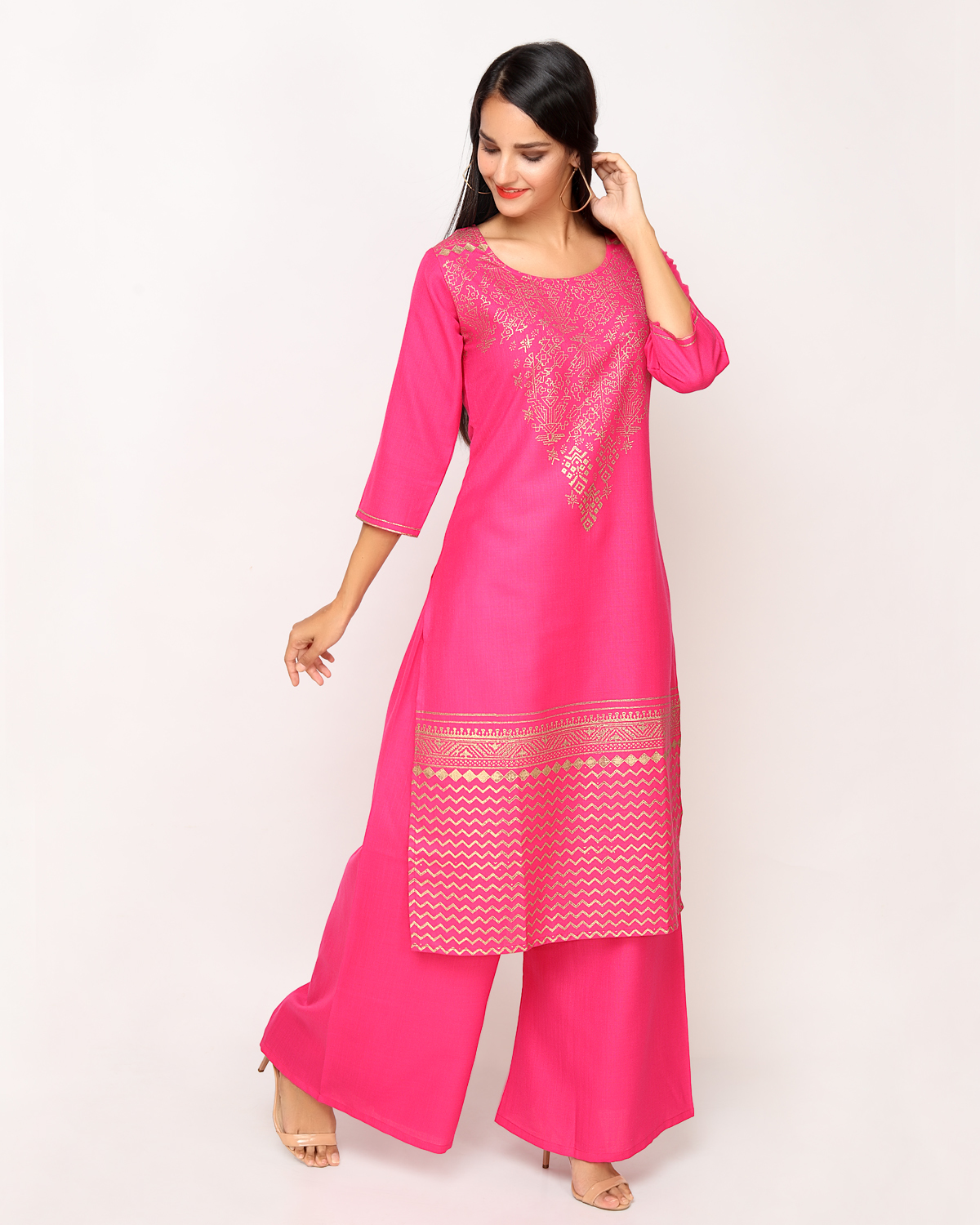 Pink Block Print Kurta With Palazzo