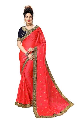 ऑरेंज ग्रीन रेड पिंक रंगोली जॉर्जेट एम्ब्रॉयडरी साड़ी