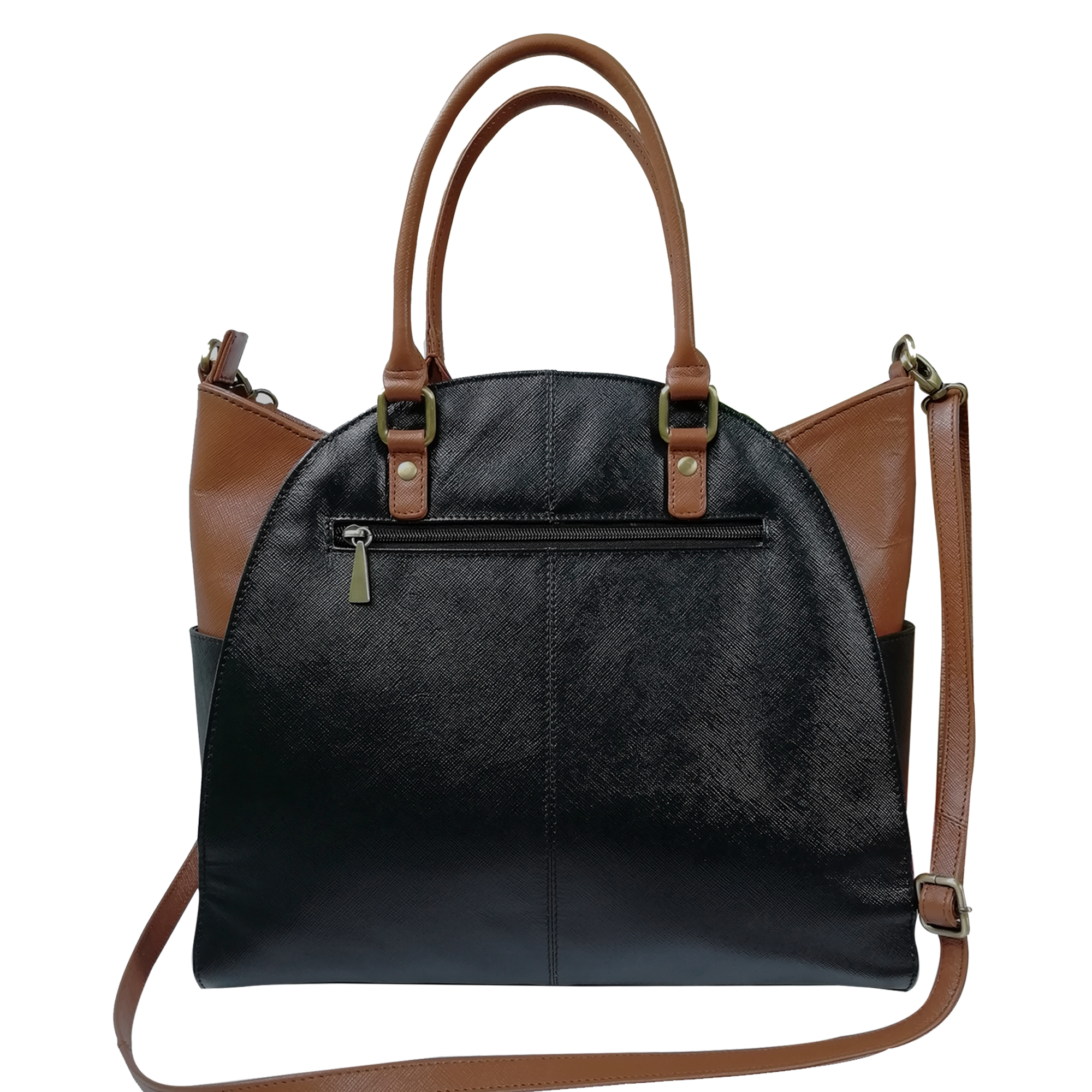 Genuine Cow Leather Saffiano Print Handbag - 34x31x12 Cm Black With Tan Color Zipper Closure Adjustable Detachable Shoulder Strap Includes Interior Zip Pocket And Mobile Pocket