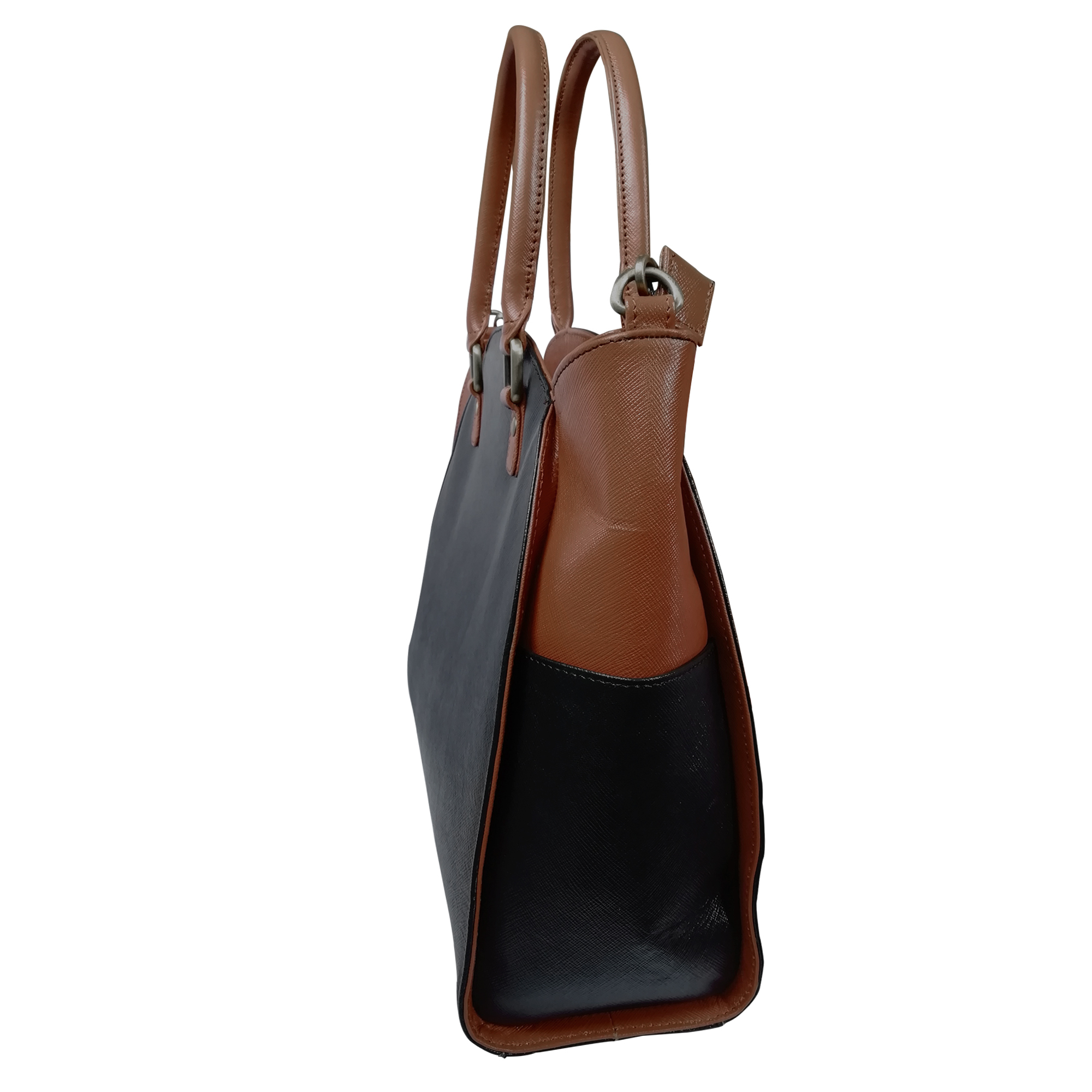 Genuine Cow Leather Saffiano Print Handbag - 34x31x12 Cm Black With Tan Color Zipper Closure Adjustable Detachable Shoulder Strap Includes Interior Zip Pocket And Mobile Pocket