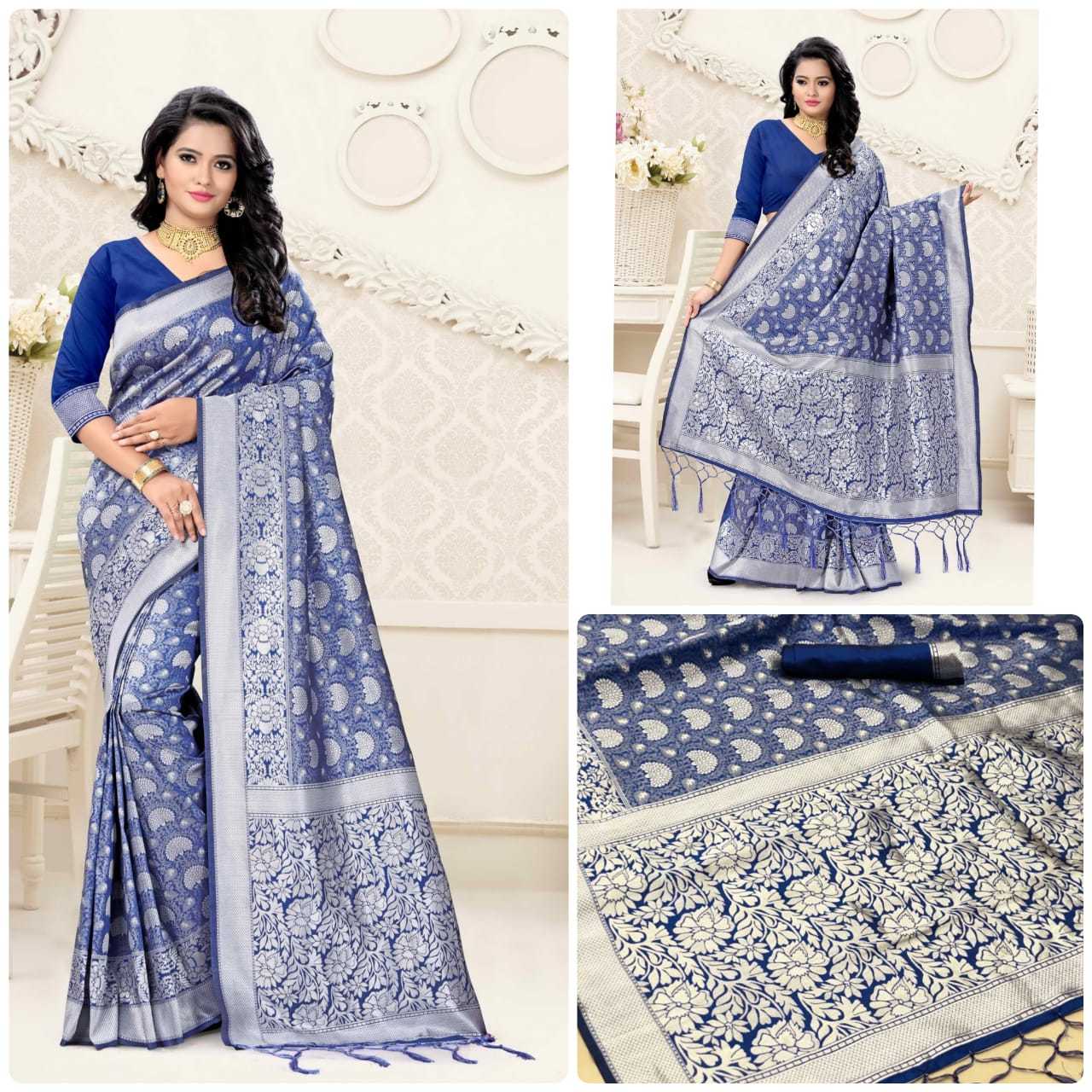 Printed Saree - Pure Lichi Silk With Exclusive Silver Jaquard Design | Multicolored Art Silk, Zari Work, Suitable For All Seasons