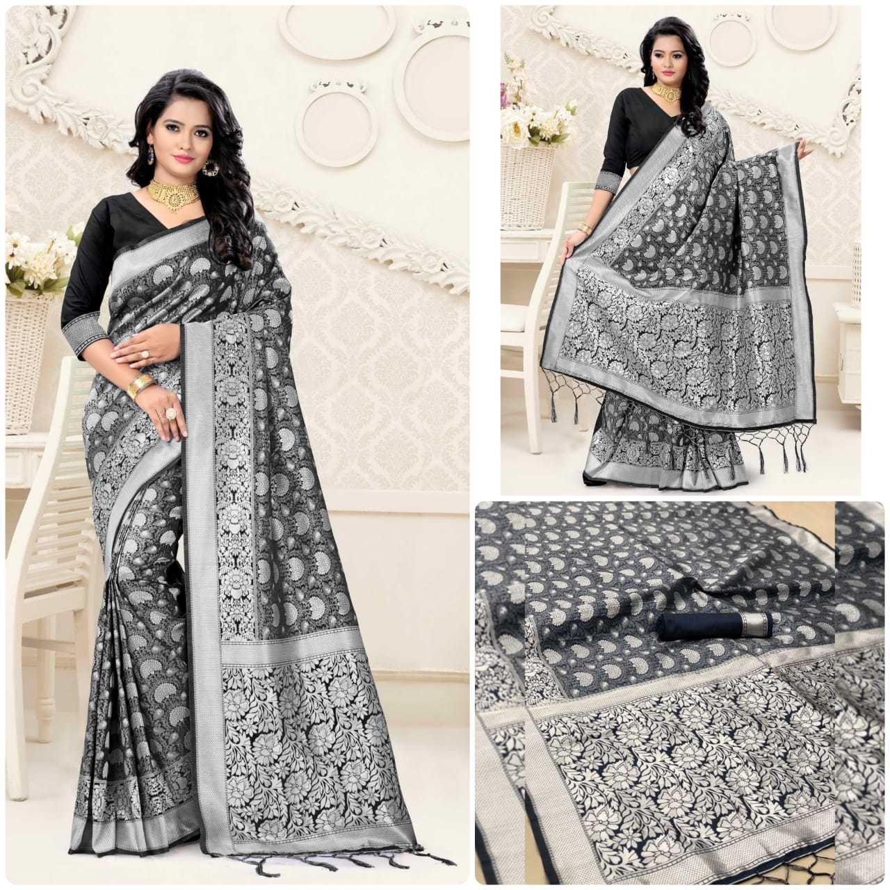 Printed Saree - Pure Lichi Silk With Exclusive Silver Jaquard Design | Multicolored Art Silk, Zari Work, Suitable For All Seasons