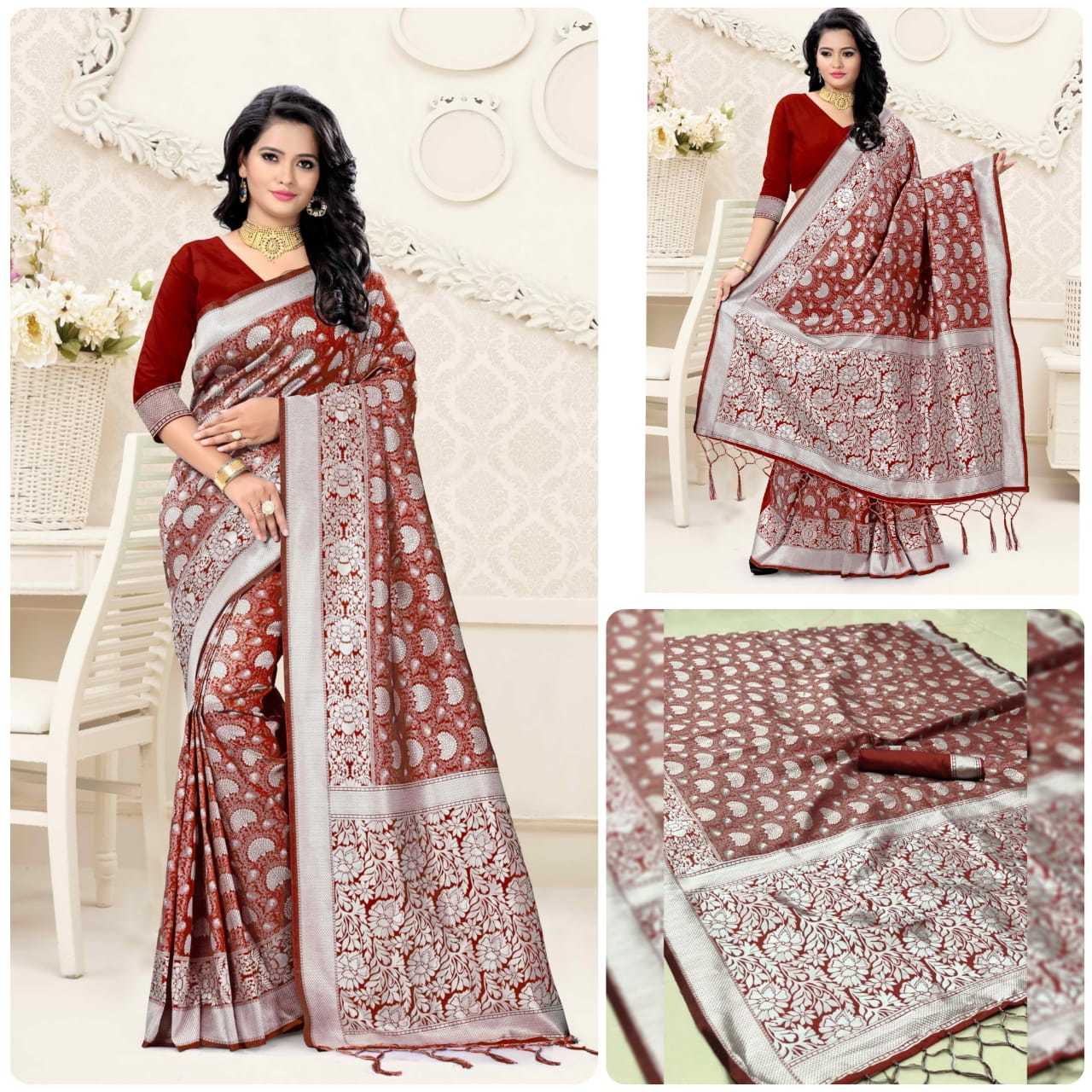 Printed Saree - Pure Lichi Silk With Exclusive Silver Jaquard Design | Multicolored Art Silk, Zari Work, Suitable For All Seasons
