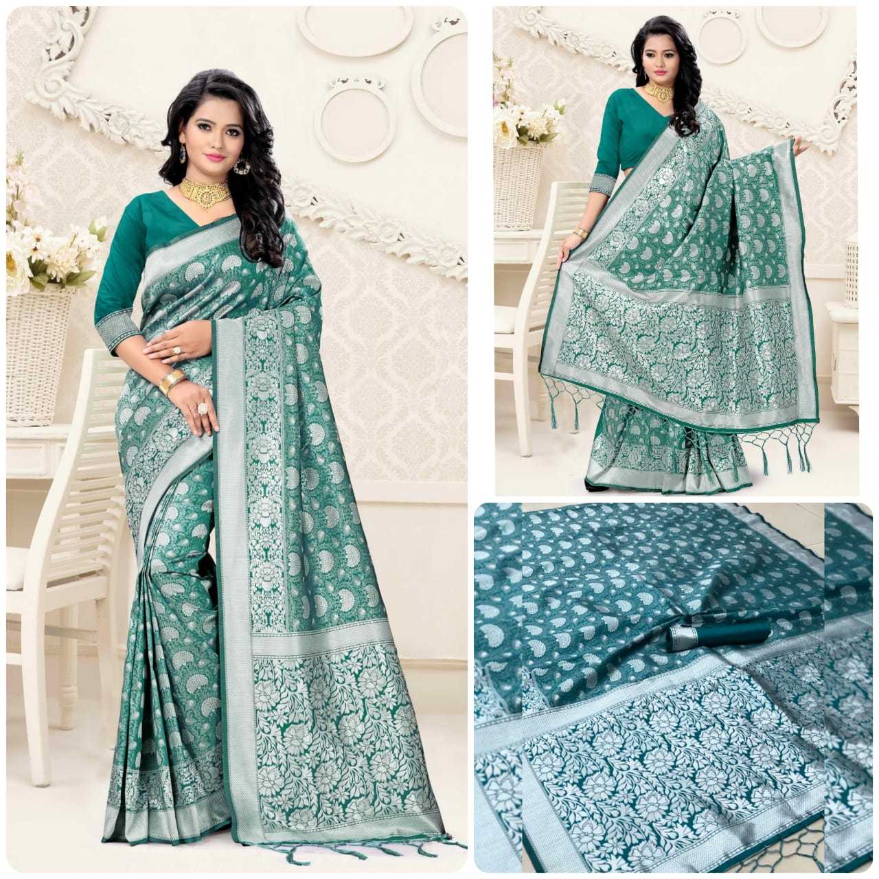 Printed Saree - Pure Lichi Silk With Exclusive Silver Jaquard Design | Multicolored Art Silk, Zari Work, Suitable For All Seasons