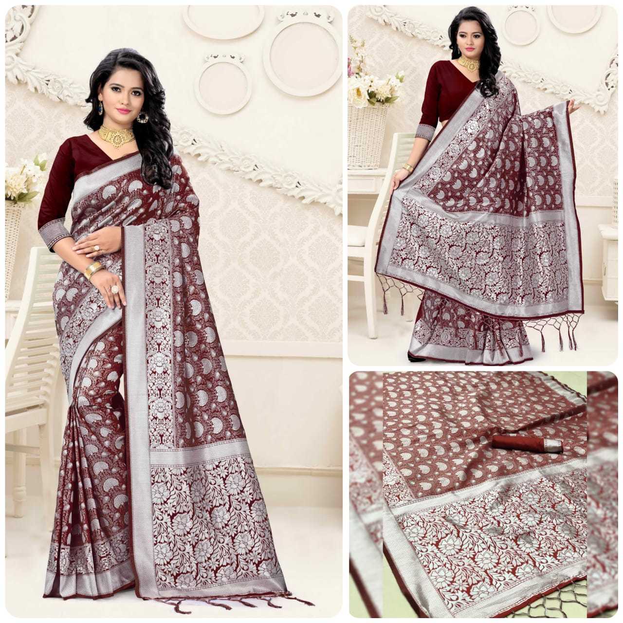 Printed Saree - Pure Lichi Silk With Exclusive Silver Jaquard Design | Multicolored Art Silk, Zari Work, Suitable For All Seasons