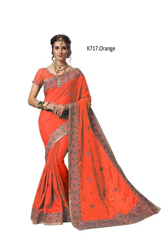 ऑरेंज कच्ची एम्ब्रॉयडरी बॉर्डर साड़ी कलेक्शन