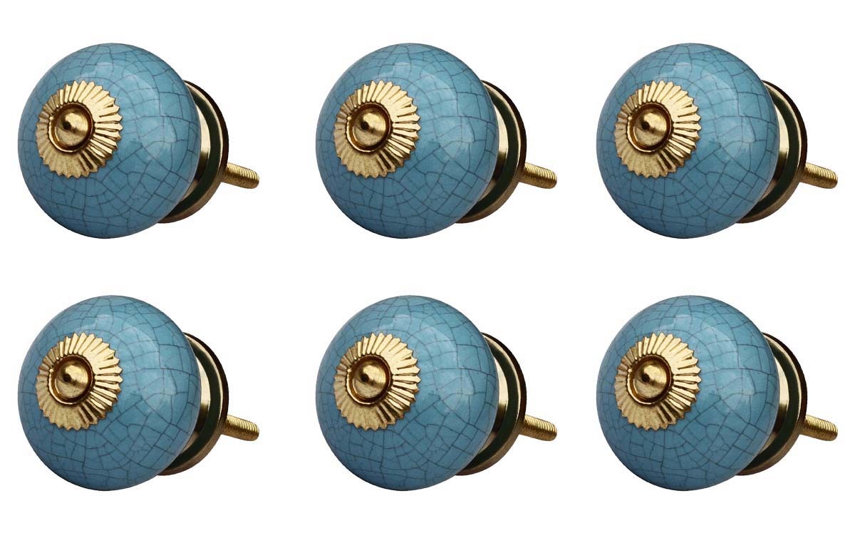 Ceramic Knobs Pulls Handmade In Turquoise Blue With Crackled Effect