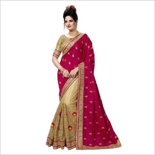 Nivah Fashion Silk and Net Embroidery Half Half Saree - 5.50 Meters Pink & Beige | Elegant Party Wear, Soft Draping, Traditional Design, Heavy Embroidery