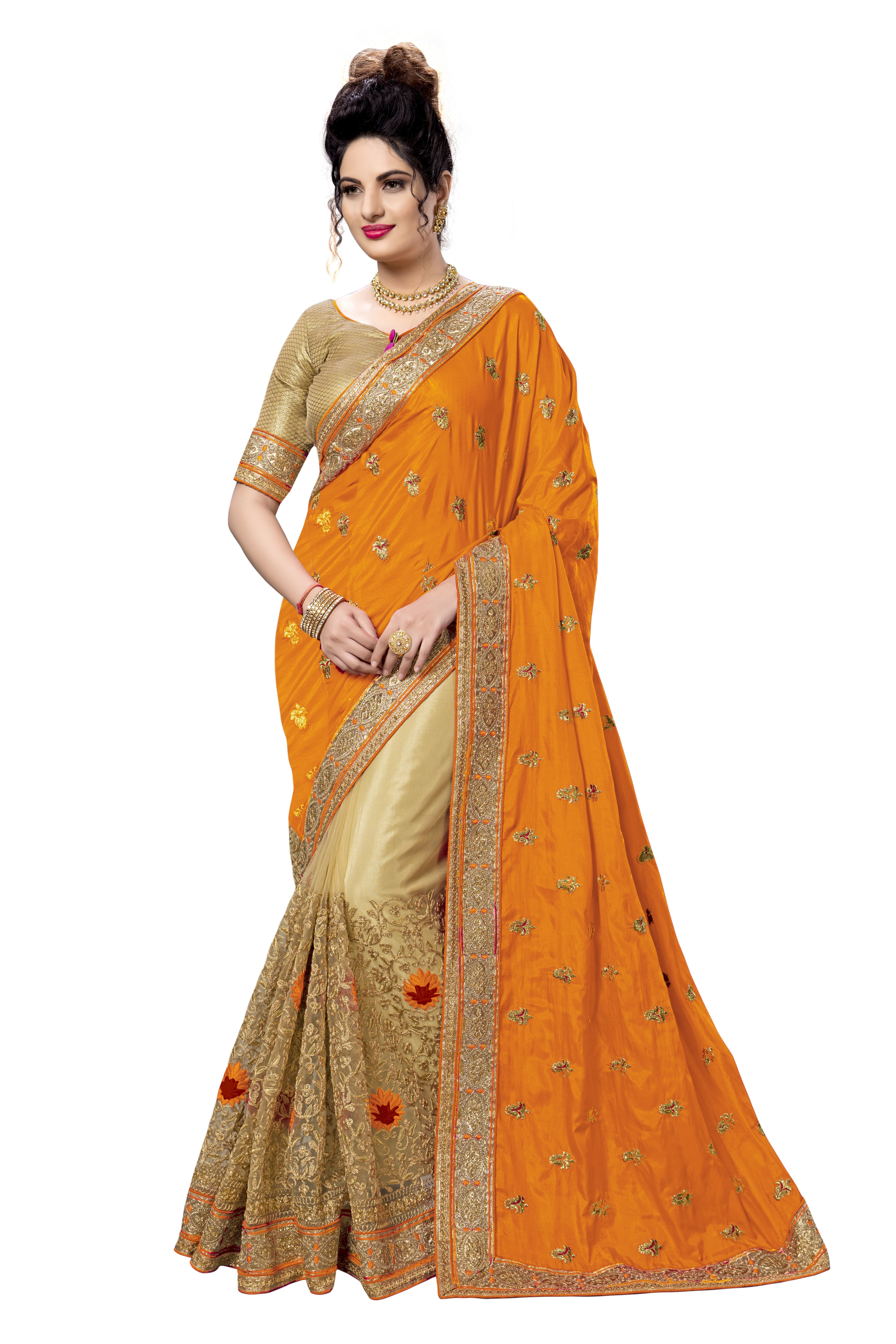 Nivah Fashion Silk And Net Embroidery Half Half Saree - 5.50 Meters Pink & Beige | Elegant Party Wear, Soft Draping, Traditional Design, Heavy Embroidery
