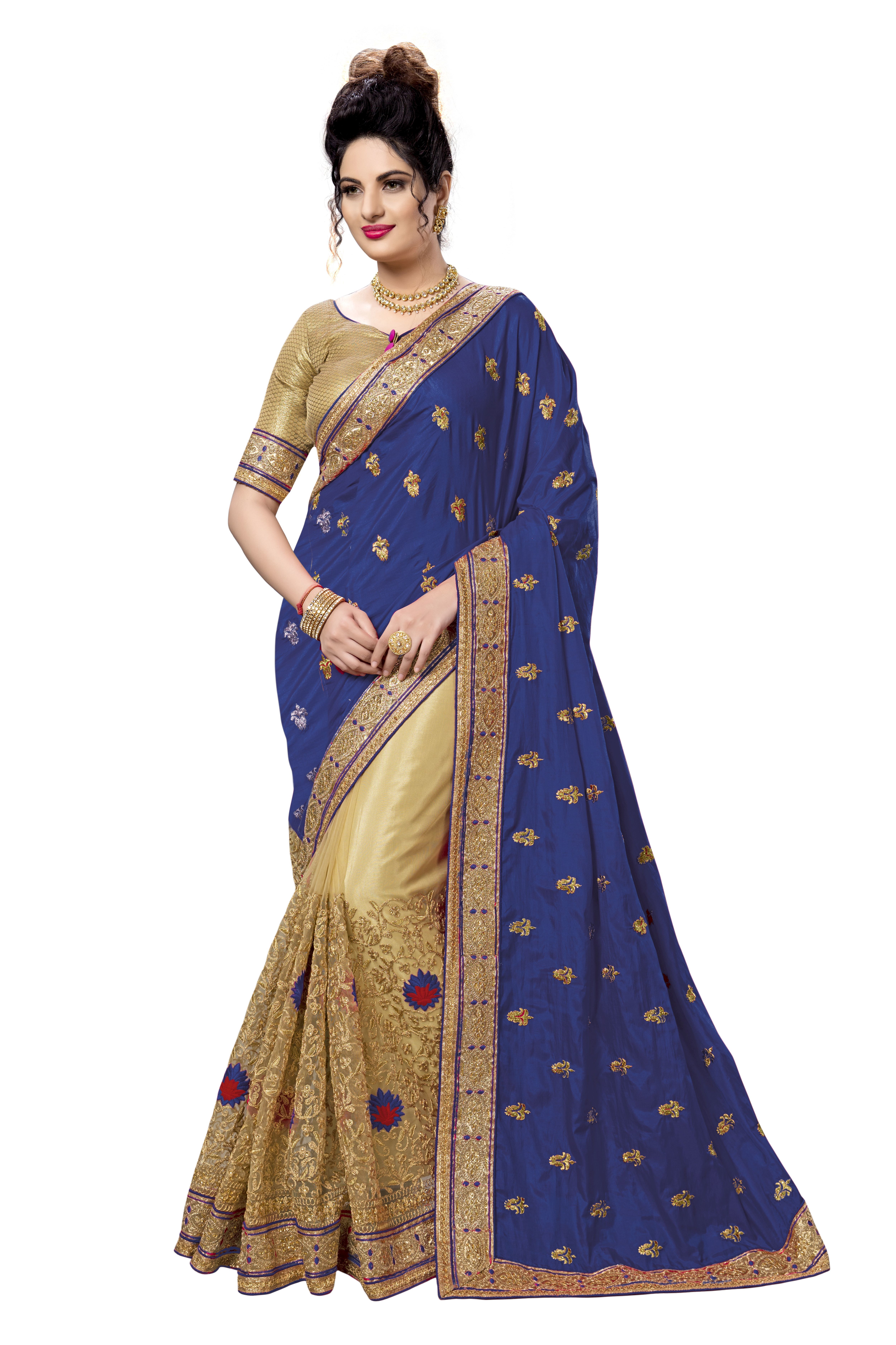 Nivah Fashion Silk And Net Embroidery Half Half Saree - 5.50 Meters Pink & Beige | Elegant Party Wear, Soft Draping, Traditional Design, Heavy Embroidery