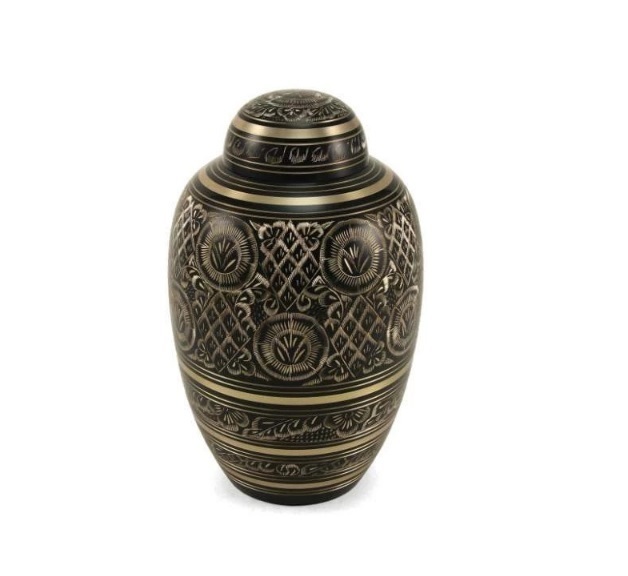 Lattice Solid Brass Cremation Urn - 10" H X 6.3" D, Engraved Floral Design In Gray & Pink