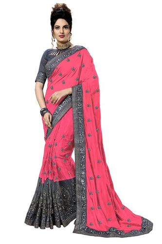 गुलाबी कशीदाकारी साटन, नेट साड़ी संग्रह