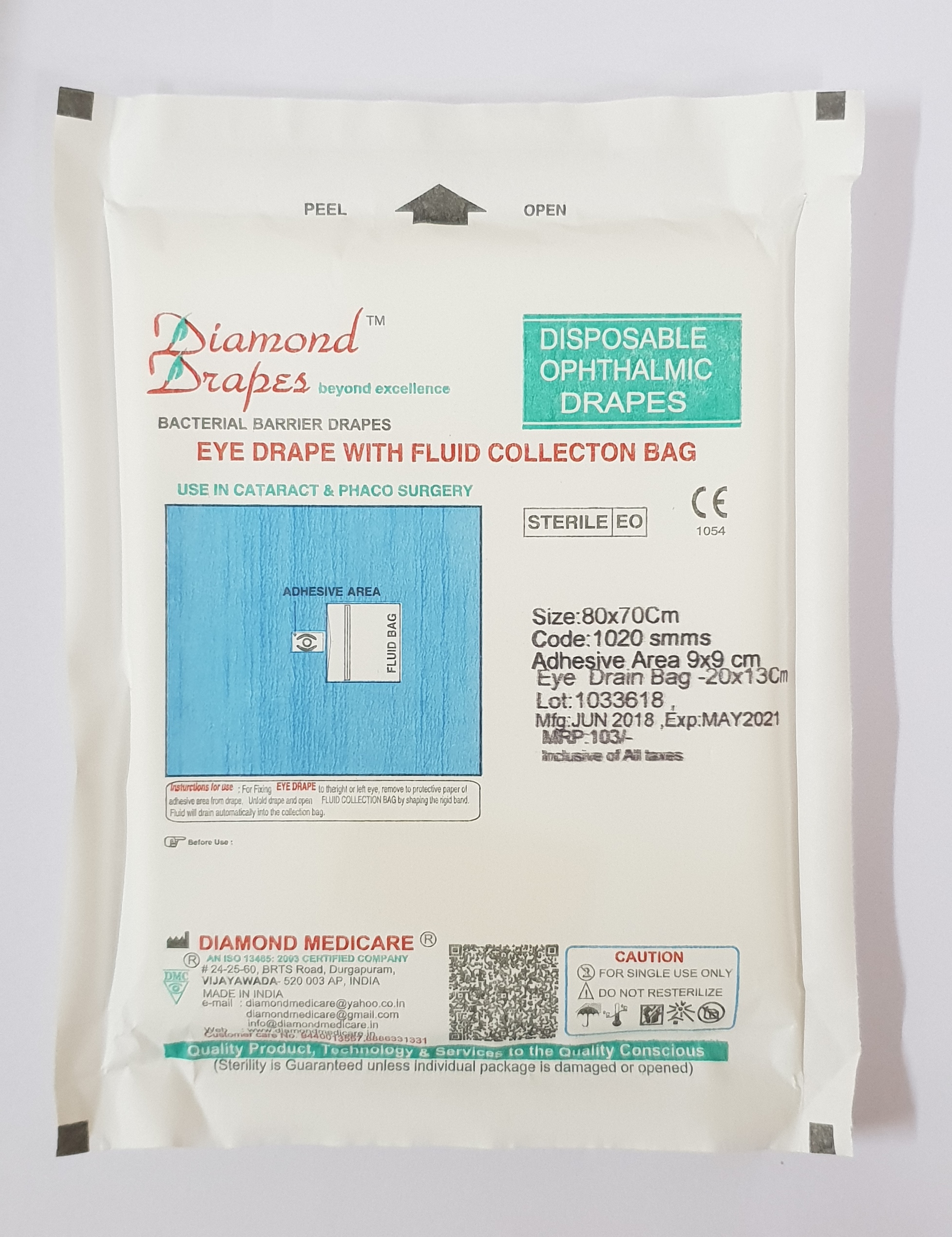 Blue Ophthalmic Eye Drape With Fluid Bag