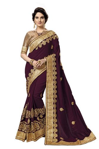 Nivah Fashion Satin Embroidery Saree - 5.50 Mtr Satin, Brocade Blouse 0.80 Mtr, Purple Red Brown Navy Blue | Elegant Embroidery, Lace Border, Soft Comfortable Draping, Wedding Party Wear