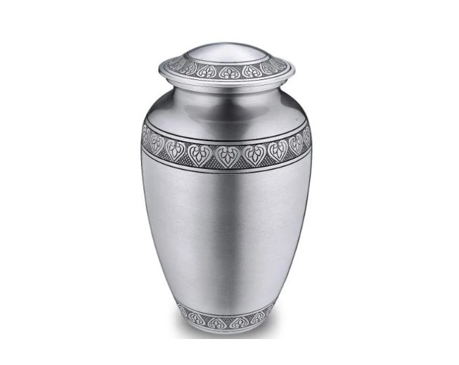 Silver Oak Urn - Brass Metal, 10.4h X 6.1d Inches, Silver Finish - Engraved Design With Floating Hearts, Ideal For Home Decoration And Memorial Showcase